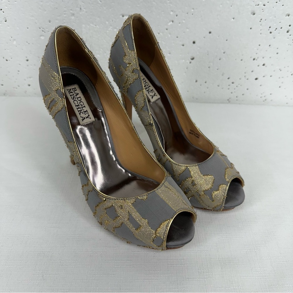 Badgley Mischka Women’s Size 8 Roxie Gold Gray Open Toe Heels Pump
